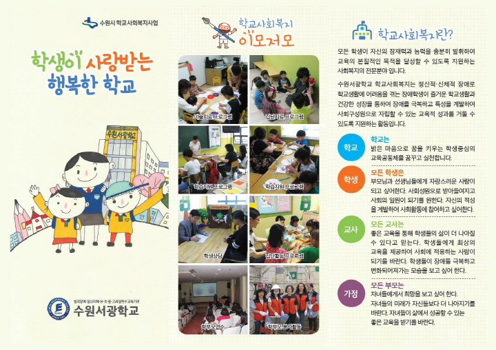 수원시 학교사회복지사업 안내 포스터. ‘학생이 사랑받는 행복한 학교’라는 문구와 함께 학생들이 다양한 프로그램에 참여하는 모습이 사진으로 구성되어 있으며, 학교사회복지의 개념과 학교·학생·교사·가정의 역할이 설명되어 있음. 수원서경학교 로고 포함.